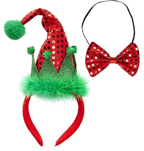 W WIDMANN MILANO Party Fashion 04162 - Haarreif mit Mini-Elfenhut und Fliege mit Pailletten, Weihnachten, Karneval, Mottoparty
