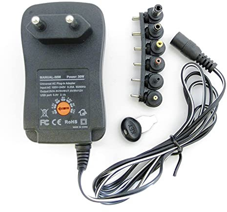 ALIMENTATORE CARICATORE 220V MULTIUSO 30W DA 3V A 12V REGOLABILE 6 PLUG CON PORTA USB
