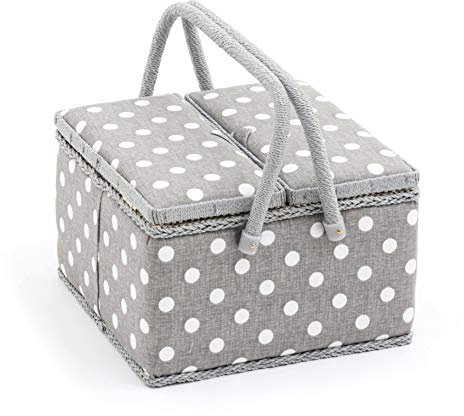Hobby Gift Exclusive Große Aufbewahrungsbox für Näharbeiten mit zwei Deckeln, 25 x 25 x 17 cm, Tupfengrau