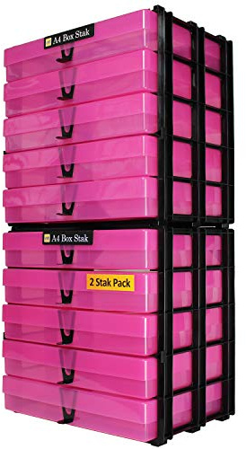 WestonBoxes A4 Box Stak, Stackable Craft Storage Box Unit Including Plastic A4 Storage Boxes with Lids (Pink, Pack of 2)