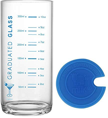 TAMUME 330ml Bicchiere in Vetro al Latte con Misure, con Coperchio Blu in Silicone - Blu