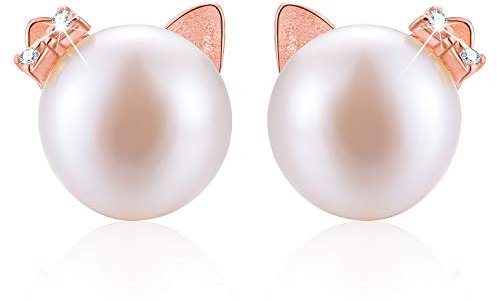 Esberry 18 Karat Vergoldung 925 Sterling Silber Cat Stud Ohrringe Natürliche Süßwasser White Pearl Ohrringe Nette Katze Hypoallergene Ohrringe für Frauen und Mädchen (Rose Gold-1)