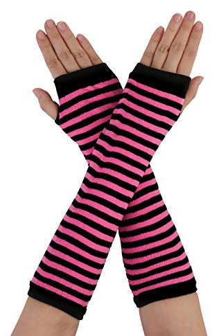 sourcing map Women's Fingerless Gloves Printed Elbow Length Knitted Arm Warmers Black With Pink One Size