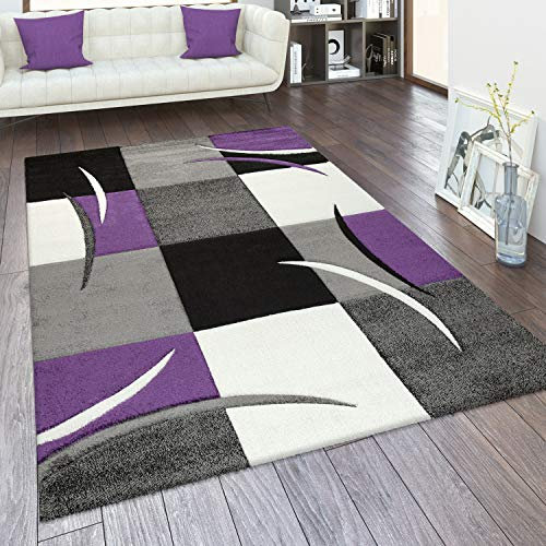 Paco Home Tappeto da soggiorno a pelo corto, disponibile in diversi colori e misure, con motivo a quadri e righe e design 3D, Dimensione:60x110 cm, Colore:Viola