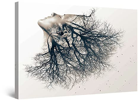 Startonight Impression sur Toile Lumineux Fille Arbre Noir et Blanc - Tableau Abstrait - Decoration Murale Salon Moderne - Image sur Toile - Grande 80 x 120 cm Idée Cadeau Élégante et Originale