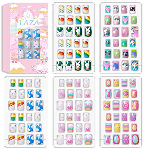 Laza 120pcs Children Nails Press On Pre-glue Full Cover Glitter Gradient Color Rainbow Sparkling Star Unicorn Shell Short False Nail Kits for Kids Teenager Girls - Colorful Rainbow