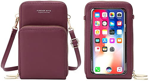 RRANCharltu Handy Umhängetasche Damen Touchscreen Handytasche PU Leder Weibliche Brieftasche Pouch Kartenhalter mit Schultergurt und Handschlaufe (Rotwein)
