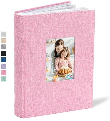 Vienrose Fotoalbum 10x15 300 Fotos Leinen Einband Rosa | Schreibbereich, personalisiertes Fenster, Seitentaschen, säurefrei & PVC-frei, Hochzeits-, Baby- und Urlaubserinnerungen