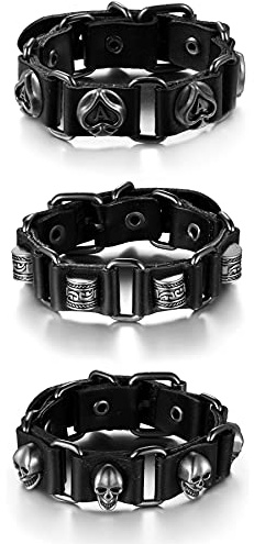 JewelryWe Schmuck Herren Armband Pik-Ass Poker Totenkopf Schädel Lederarmband Manschette Armreif Schwarz Braun Tribal Punk Geschenk