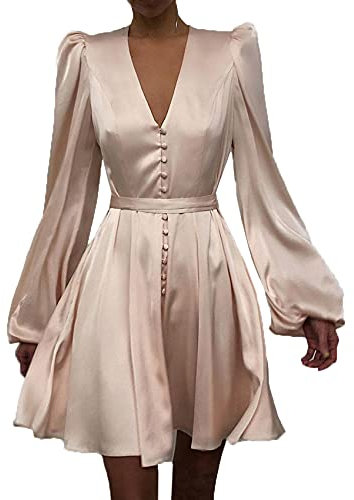 Mode DéContractéE pour Femmes à Col en V, Impression De Couleur Unie, Manches De Lanterne, Taille Mince, Robe Courte à Simple Boutonnage pour Femmes