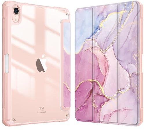 Fintie Hybrid Hülle für iPad mini 7 (A17 Pro) 2024 / iPad mini 6. Generation 2021 8.3 Zoll mit Stifthalter - Stoßfeste Schutzhülle mit transparenter Hartschale auf der Rückseite, Rosa Marmor