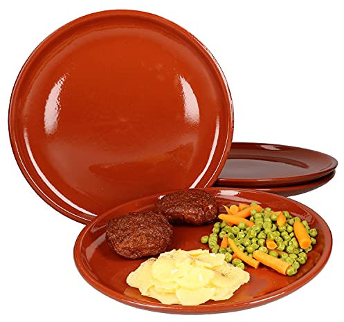 MamboCat Set 4 Assiettes Plates en Terre Cuite Ø 28,5 cm 4 Personnes Plaque à Steak pour Griller Plateau de Service Méditerranée émaillé Pièce Unique Marché médiéval Fête Viking