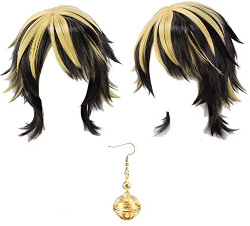 GZIRUE Goldgelbe Schwarze Kurze Perücke Haar mit Ohrring für Kazutora Hanemiya Wig Cosplay Anime Kostüm mit Perücke Kappe Wig Cap Earring (Perücke + 1 x Ohrring)