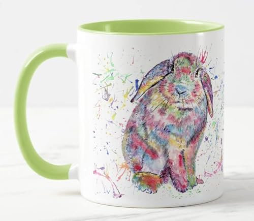 Vixar Lop Rabbit Bunny Eared Watercolour Rainbow Art Coloured Mug Cup Gift Birthday Easter Work Office Christmas Tea Coffee (L Green)