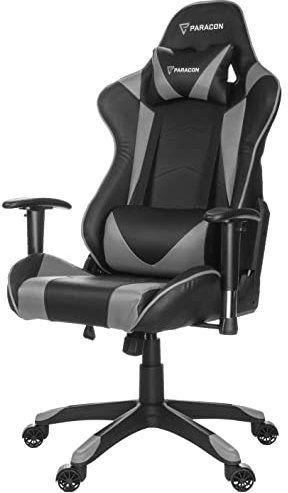 Paracon Knight | Chaise Gaming Fauteuil Gamer Siège Bureau Cuir PU | Ergonomique Dossier Robuste Inclinable Coussins Lombaire et Nuque Réglables Accoudoirs Rembourrés Formule 1 | Charge 105 kg | Gris