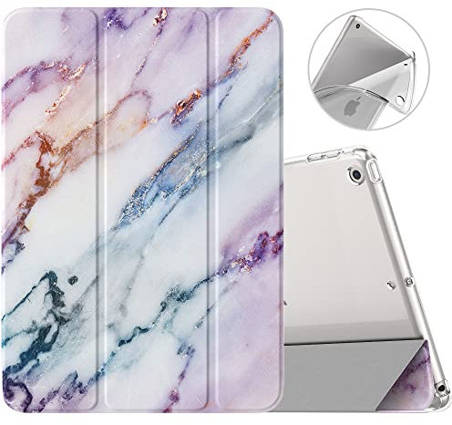 MoKo Hülle Kompatibel mit Neu iPad 9./8./7. Generation (2021/2020/2019), iPad 10,2 Zoll Hülle mit Ständer, TPU Transluzent Matt Rückseite Cover mit Auto Schlaf/Aufwach Funktion, Lila Marmor