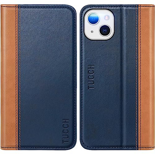TUCCH Hülle für iPhone 14 Case [RFID Blocker] Schützt vor Stößen Handyhülle mit [[Magnet] Verschluss] TPU [Kartenfach], Booklet Etui kompatibel mit iPhone 14 5G 2022 (6,1 Zoll) Blau-Braun