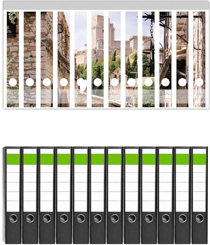 Wallario 12 Stück schmale Ordner inkl. Klebeetiketten mit Motiv Italienische Gasse - Set mit Rückenschildern/Ordnerrücken Stickern