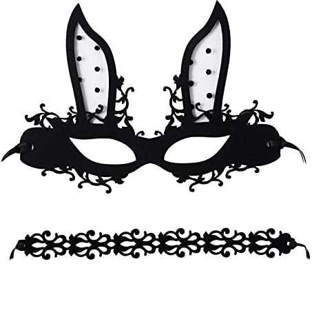 JewelryWe Schmuck 2pcs Hasenmaske Choker Halskette Set Damen Schwarz Gothic Spitze Maskerade Hasen Augenmaske mit Ohren Venezianische Maske Halsband Kropfband Kette Kostüm für Halloween Cosplay