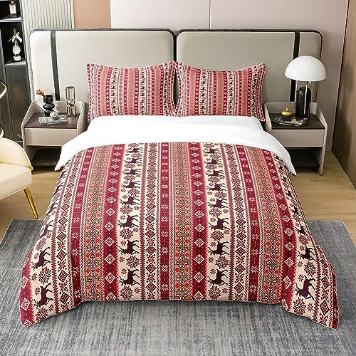 Rustikale Hirsch Rentier Elch 100% Baumwolle Bettbezug 220x240,Rote Weihnachten Schneeflocke Bettwäsche Schneeflocke Frohe Weihnachten Thema Tröster Abdeckung Glückliche Urlaub Bett mit 2 Kissenbezüge