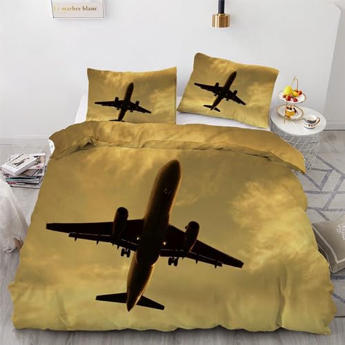 ROUSKI Bettwäsche Flugzeug 135x200 cm 2teilig 100% Mikrofaser Kinderbettwäsche Retro Flugzeug Wendebettwäsche mit Reißverschluss 3D Motiv Zimmer Dekor Bettwäsche-Sets mit Kissenbezüge 80x80
