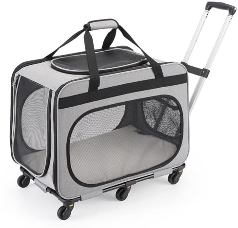 FASRIOU Transportbox Katze Groß bis 20kg, 2-in-1 Hunde Transportbox mit Rollen, Katzentransportbox Hundebox Auto, Faltbare Haustierreisetrage für Katzen/Hunde, Grau