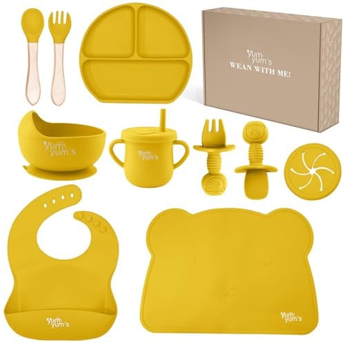 Yum Yum's Baby 10 Pcs Yellow Weaning Set - Complete Toddler Feeding Kit w/Sectioned Plate, Suction Bowls, Cutlery with Mouth Guard, Straw Cup, Bib & Mat - Non-Slip - for Toddlers & Baby Gift