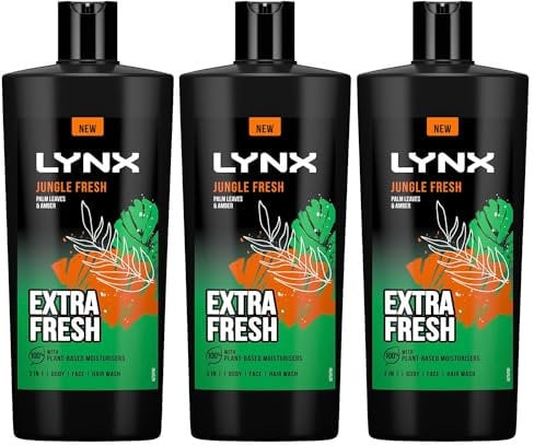 Lynx 3-in-1 Shower Gel Jungle Fresh 12 Hours of Long Lasting Refreshing Fragrance Body Wash with Plant-Based Moisturisers for Men for Naturally Soft Skin, 700ml Pack of 3