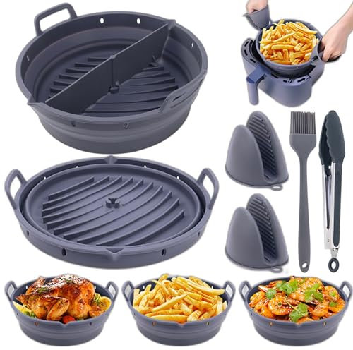 Silicone Air Fryer Accessories Set - Foldable Round Silicone Air Fryer Liner for Ninja AF160UK, COSORI 5.5L, Multicooker - Reusable Air Fryer Liner with Divider, Mitts, Tongs and Brush