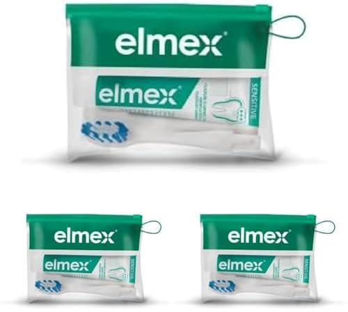 elmex Sensitive Kit Dentifrice Voyage pour Dents Sensibles, Brosse à Dents Souple, Dentifrice Gencives Sensibles 12ml, Compact et Pratique (Lot de 3)