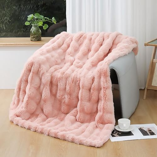 UKELER Große Flauschige Bettdecke, Überwurf, gemütlich, zottelig, Kunstfelldecke, weicher Plüsch, Dicke Überwurfdecke für Bett, Couch, Sofa, Büro, Camping, 152,4 x 203,2 cm, Rosa