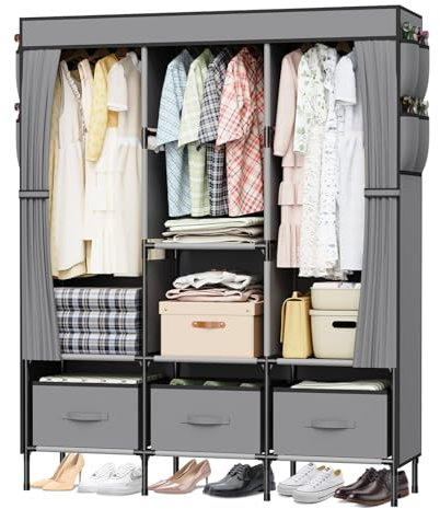 LOEFME Canvas Wardrobe, Fabric Wardrobes for Bedroom with 3 Storage Boxes and Hanging Rods, 51 x 17.7 x 67 Inch Size, 16mm Pipe Diameter Fabric Closet Grey