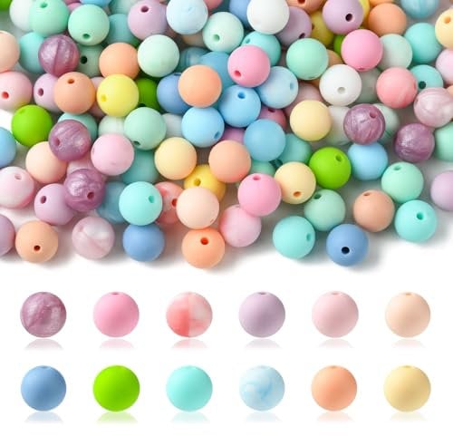 Airssory 200 Pcs 9mm Pastel Colored Silicone Round Beads Round Silicone Beads Focal Loose Spacer Beads for Keychain Making Bulk Bracelets Pens Lanyards