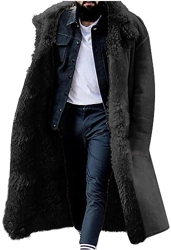 RLEHJN Mens Winter Coat Long Faux Fur Sherpa Fleece Lined Jacket Longling Fluffy Trench Coat Single Breasted Warm Casual Overcoat Turn-Down Collar Thick Thermal Outwear with Pockets S-5XL