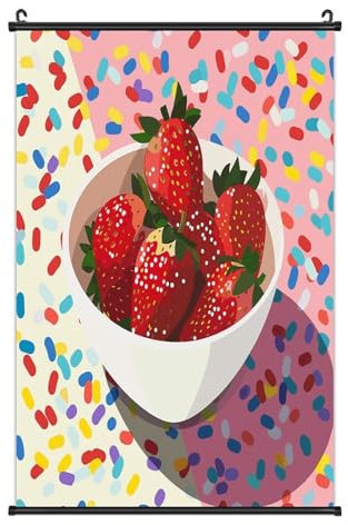 Kunstdruck auf Leinwand, Erdbeeren in Schale, exquisite Kunstrolle, zum Aufhängen, Gemälde, Kunst, Wandbild, Wohnzimmer, Schlafzimmer, Wanddekoration, einzigartiges Design, Hängerolle