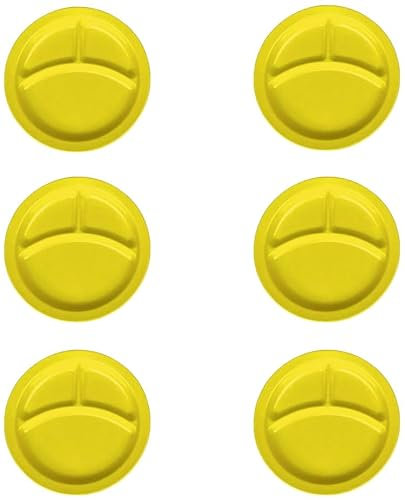 Dekorah 6 Piatti in Melamina per Bambini - 21 cm con 3 Scomparti - Sicuro e Resistente, Ideale per Scuole e Asili, BPA Free, Lavabile in Lavastoviglie (Giallo)