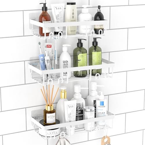 DIFULI Shower Caddy 3 Pack, White No-Drill Shelf, Bathroom Organiser Rack, Shampoo Holder and Storage Accessories