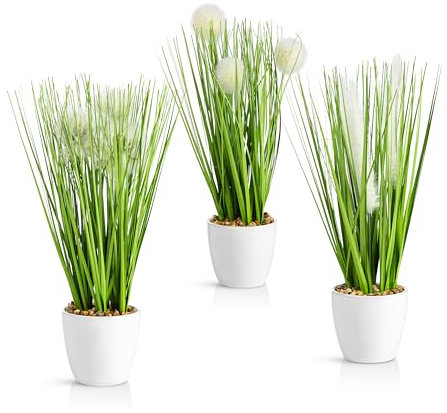 PASCH® 3 x Kunstgras in weißem Keramiktopf (31cm): Gräser künstlich | Künstliches Gras | Kunstpflanze Gras | Dekogras | Kunstpflanzen wie echt | Künstliche Pflanzen im Topf (Ziergras Variation)