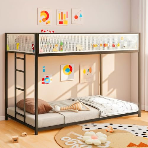 LifeSky Etagenbett aus Metall für Kinder – Doppelstockbett mit Netzschutzgitter – platzsparend für kleine Schlafzimmer – funkelt Kreativität für Jungen und Mädchen ab 6 Jahren, Schwarz