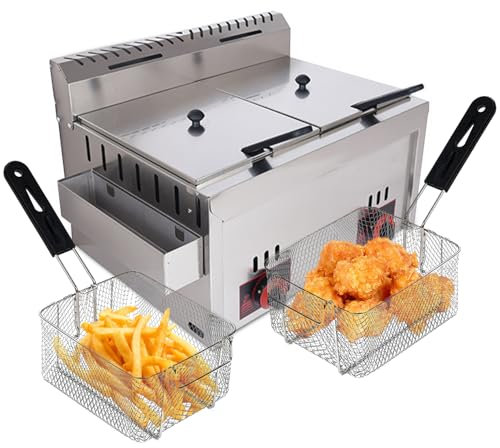 Friggitrice ad Olio a Gas Doppio Cestello Professionale 6L x 2, Temperatura Controllata con 2 Cestelli per Cucina Hotel Festa Carnevale