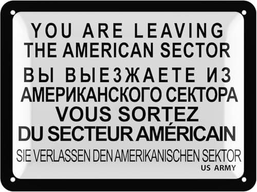 LANOLU Nostalgie DDR Blechschild retro - You Are Leaving the American Sector Schild - Checkpoint Charlie Berlin Souvenirs als Geschenke - vintage Metallschild mit Wölbung, 15x20 cm
