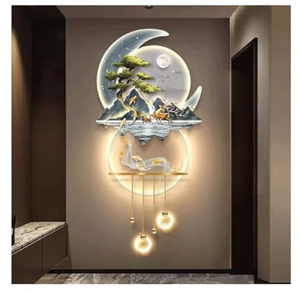 UPJAKS Paysage Chinois 3D décor d'art Mural avec lumière LED accueillant Le pin 3D Peinture Murale avec Montagne et rivière Sculpture Murale illuminée Murale d'entrée