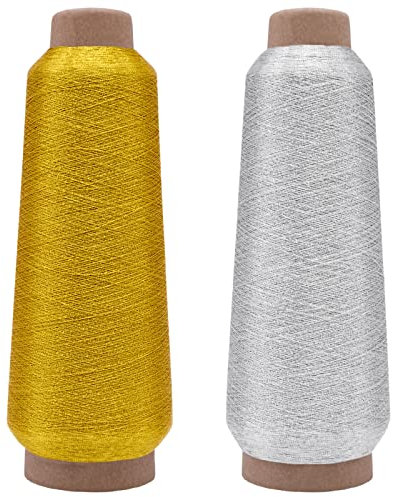 2 Stück Maschinenstickgarn Polyester Stickgarn Gold Silber 3000M Nähgarn für Nähmaschine Sticken
