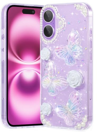 CASBST Compatible with iPhone 16 Case, Clear Case with Cute Butterfly Floral Pattern Design for Girls Women, Slim Soft TPU Protective Sparkle Glitter Cover for iPhone 16 (Crystal Butterfly)
