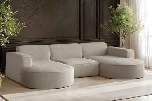 Kaiser Möbel - Ecksofa, Sofa U-Form Designer Modena Studio - Schlafsofa, Modern Design Couch - Freistehende Sofa Wohnzimmer - Stoff Quelle - Farbe Dunkelbeiege - 165x299x78 cm