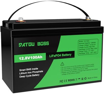 DATOUBOSS 12V 100Ah LiFePO4 Batterie, 1280Wh Lithium Akku mit Verbessertes 100A BMS, 10000+ Tiefe Zyklen, Unterstützung in Serie/Parallelschaltung, für Wohnmobil, Solarpanel, Marine, Haushalt