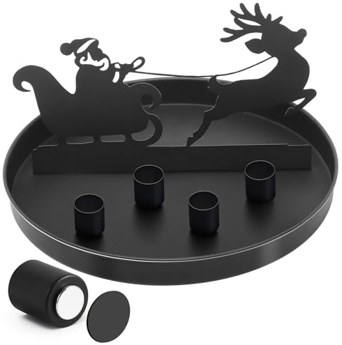 Magnet Kerzentablett für Advent Ø 25 cm mit 4 magnetischen Metall Kerzenständer Weihnachten Stabkerzenhalter Adventskranz Deko Tablett Festtags Kerzen Ständer, Schwarz- Weihnachtsmann