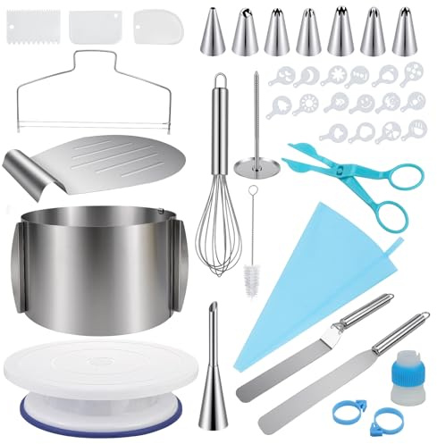 NCTNCX Ensemble d'accessoires de gâteau 40 pièces : tout pour décorer un gâteau - Cercle à gâteau réglable en hauteur de 15 cm, plateau à tarte rotatif, scie à tarte, beater, pelle à tarte + spatule