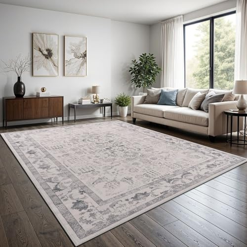 TT Home Boho Vintage Teppich Wohnzimmer Kurzflor - Retro Design, rutschfest & pflegeleicht, modern für Esszimmer & Flur Waschbar, Farbe:Silber, Größe:200x280 cm