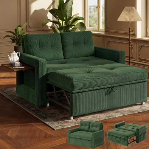 YOUDENOVA Schlafsofa mit 5-stufig Verstellbarer Rückenlehne, 2 Sitzer Sofa mit Schlaffunktion, Sofa Bed mit Tisch, Schlafcouch mit Bettfunktion, Couch Ausziehbar, 177x135 cm, Cord Grün